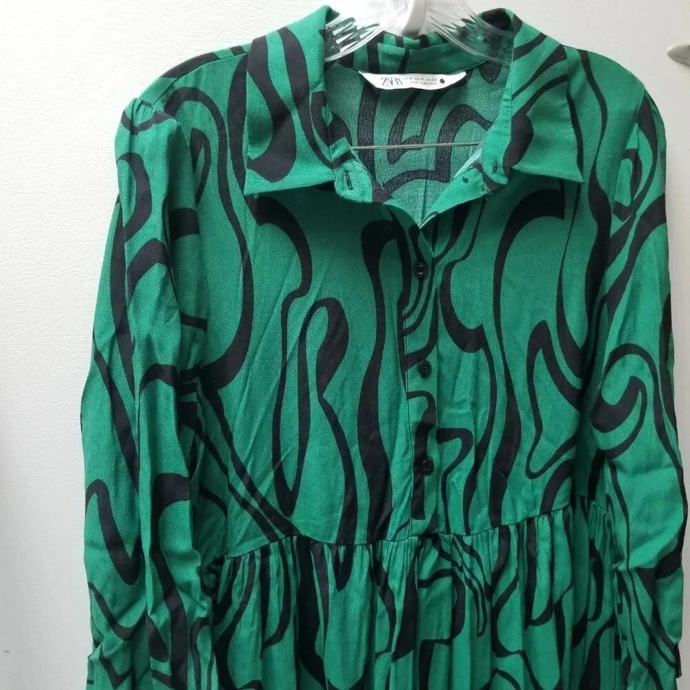 Zara Green Black Print Long Sleeve Midi Dress M - Picture 8 of 12